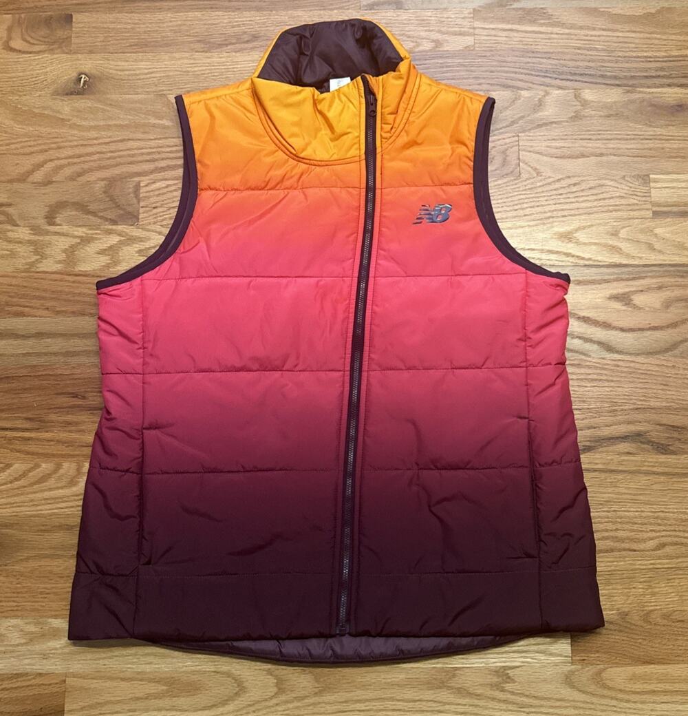 New Balance Print Puffer Vest Womens Large Orange Pink Purple NB Heat Warmth